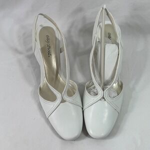 Easy Street Stitch White Slingback Pumps Low Block Heel Cutout Dress Shoes 10M